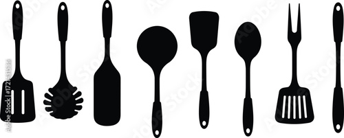 Kitchen utensils silhouette vector, cooking tools illustration, black kitchenware design, food preparation equipment, spoon fork spatula ladle art graphic