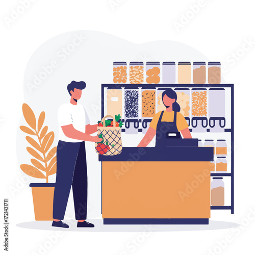 A clean 2D flat vector illustration shows a customer presenting a reusable shopping bag of fresh produce to a cashier at a grocery store checkout, with bulk food containers behind.