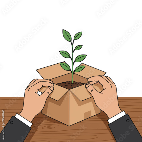 Hands carefully unwrap a sustainable product from a biodegradable brown paper box with a small plant, in a flat 2D vector graphic on a wooden table, white background.