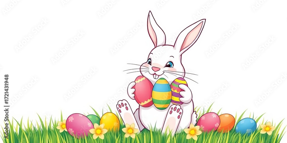 Fototapeta premium Continuous line drawing of Easter bunny holding eggs, single line, sweet