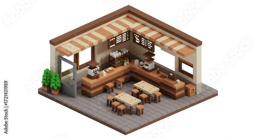 Isometric Pixel Art Coffee Shop: Brown and Beige Tones