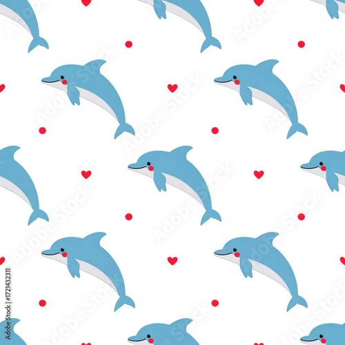 A vibrant seamless pattern featuring playful dolphins swimming in a repetitive ocean design