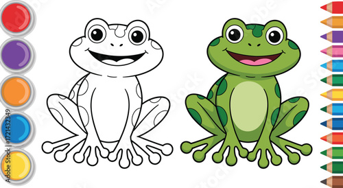 Cartoon frog coloring comparison vector, side-by-side outline and colored amphibian illustration for kids, fun educational art for activity books