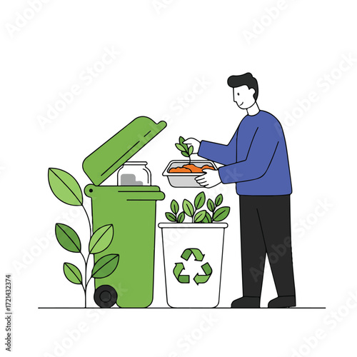A person responsibly places a compostable food container into a recycling bin, adorned with lush green leaves, in a clean 2D flat vector illustration.