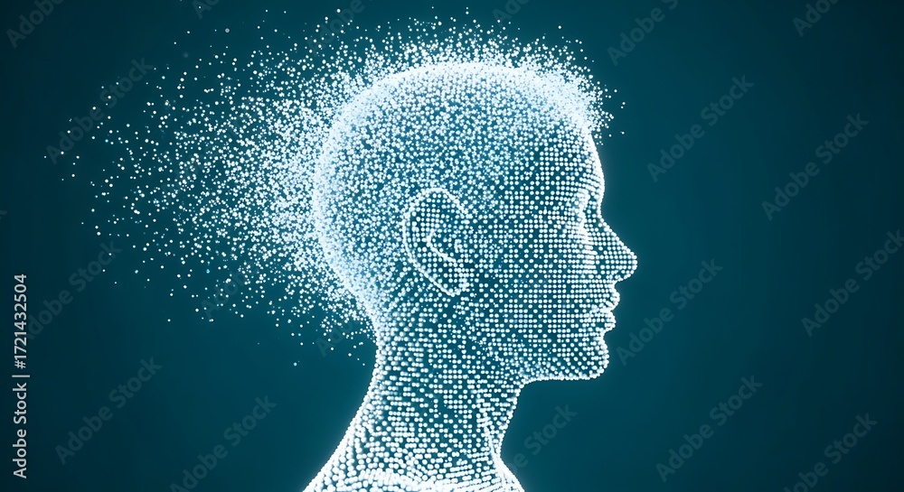Obraz premium Digital human head dissolving into glowing data particles, symbolizing artificial intelligence and information processing