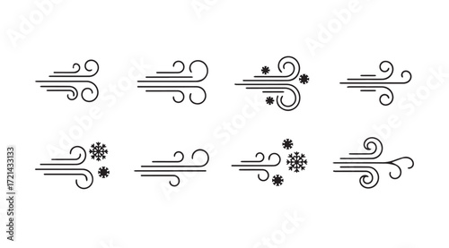 Collection of stylized wind flow icons and snowflake elements silhouette