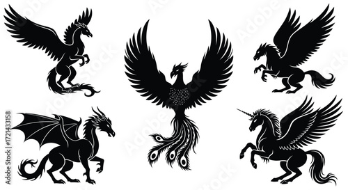 Vector illustration of mythical creatures silhouettes, phoenix, pegasus, dragon, unicorn, fantasy world