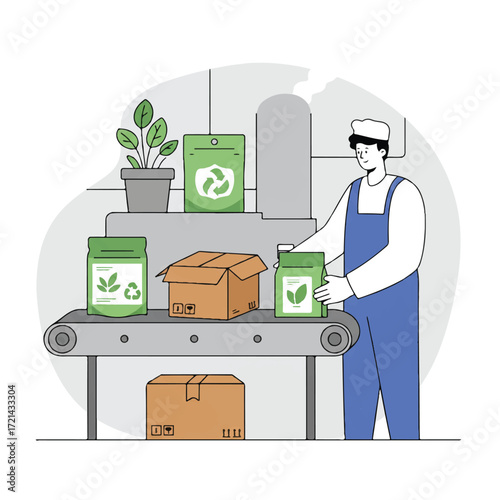 A sustainable factory worker inspects eco-friendly cardboard boxes and compostable pouches with leafy green motifs on a conveyor belt, a clean 2D flat vector illustration.