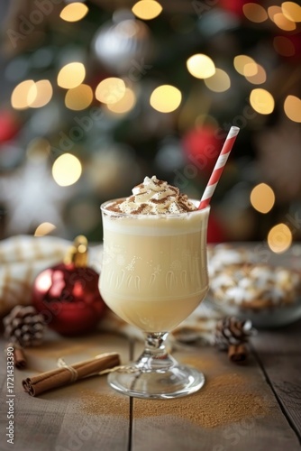 Festive Eggnog Drink with Holiday Straw