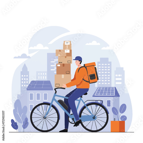 A flat 2D vector illustration depicts a delivery person on an electric bicycle, efficiently carrying eco-friendly cardboard boxes through a cityscape with solar panel rooftops.