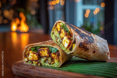 Paneer frankie wrap cut in half with grilled paneer, onions, capsicum, chutney on banana leaf