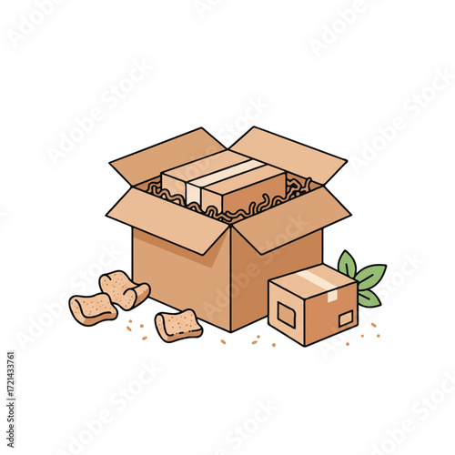 Sustainable e-commerce vector illustration shows an open cardboard delivery box with eco-friendly packaged products, surrounded by compostable packing peanuts and a green leaf.
