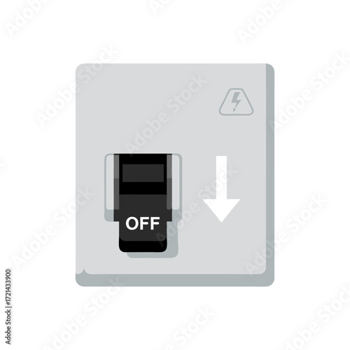Close-up flat lay of an off electrical circuit breaker switch against a white background, showing a simple grey design with a clear