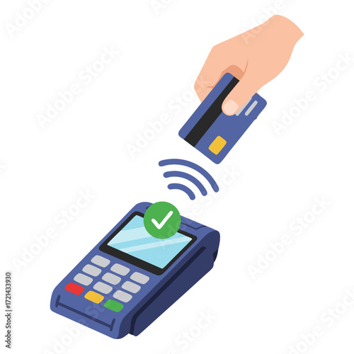 Isometric illustration of a hand using contactless payment; a credit card is held above a POS terminal;  clean, simple design with a