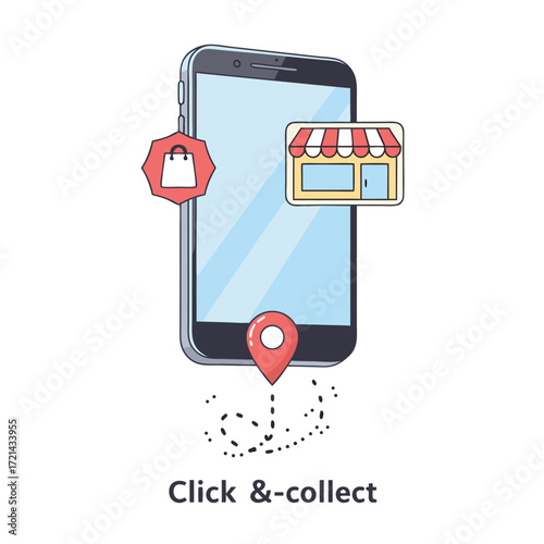Click-and-collect online shopping app interface on smartphone screen, illustrated with storefront and location pin, flat design, clean