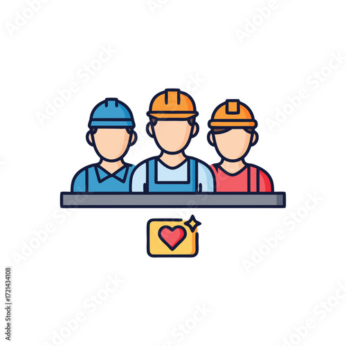 Flat-lay illustration of three construction workers, wearing hard hats, showcasing teamwork with a heart icon, against a white
