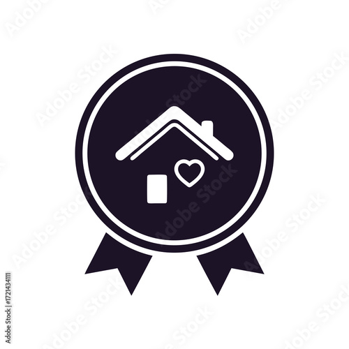 Close-up flat lay of a dark-toned home award badge with a heart, signifying security and comfort, against a clean white background.