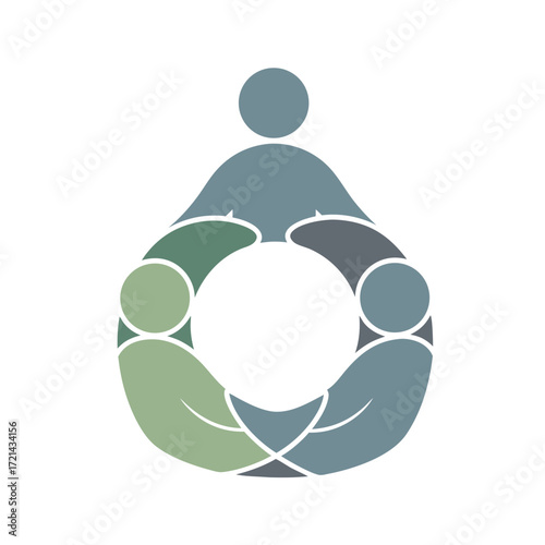 Flat-lay illustration of four diverse people forming a circle, symbolizing unity and collaboration, in muted green and blue tones