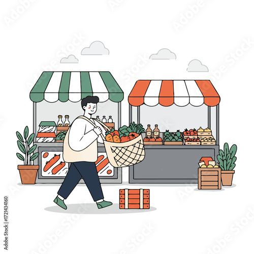 A cheerful person carries a reusable canvas shopping bag brimming with fresh vegetables and fruits, walking past a quaint local market stall in a vibrant 2D flat vector illustration.