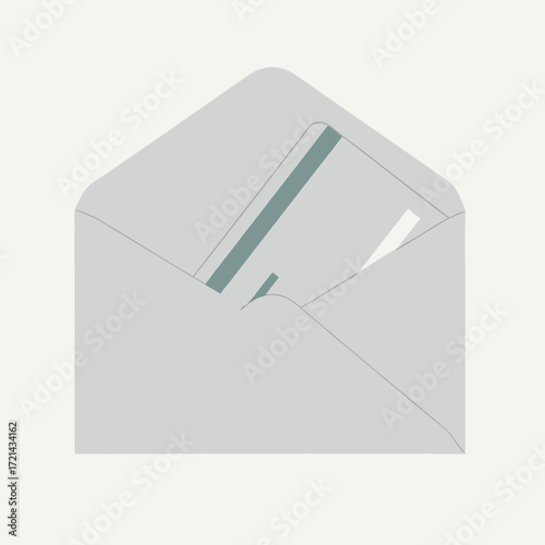 Flat lay image of a gray envelope containing a credit card, simple design against a white background, conveying a secure and neutral