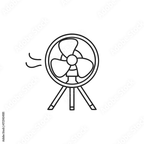 Line art illustration of a small, three-bladed table fan rotating on a tripod base against a clean white background, conveying a