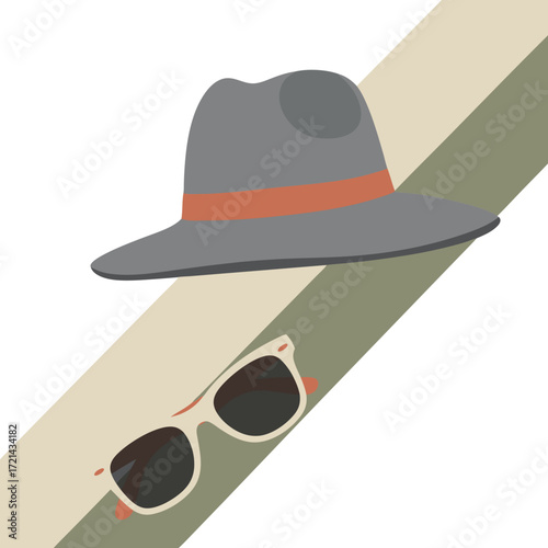 Flat lay image of a gray fedora hat and sunglasses with an orange accent against a minimalist beige and green background, conveying a