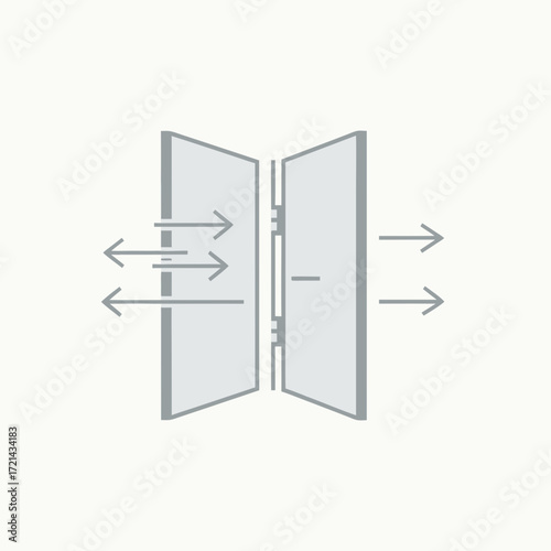 Grey flat-lay illustration of two panels sliding open, revealing data transfer arrows;  clean, minimalist design conveying a neutral