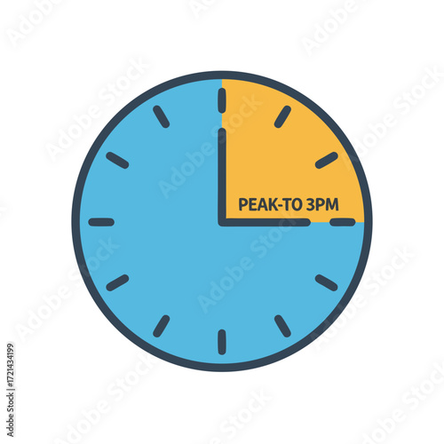 Flat lay illustration of a clock showing peak hours from noon to 3 PM,  depicting a busy schedule with a blue and yellow color scheme