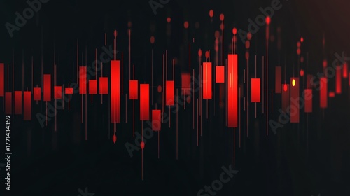 Red financial stock market chart with candlestick and graph lines on dark background representing investment trends