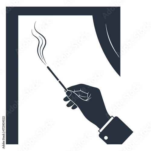 Close-up view of a hand holding a smoldering incense stick near a window with a curtain, minimalist monochrome style, conveying a calm
