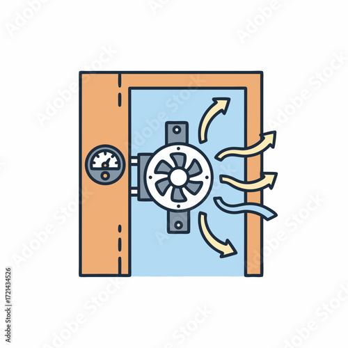 Flat lay illustration of a ventilation system showing air flow, gauge, and fan; clean lines, pastel colors; HVAC system, home
