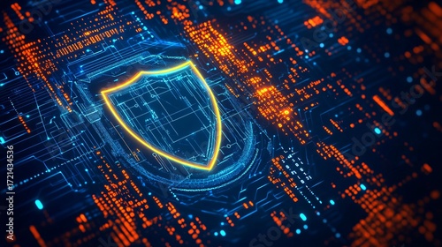 Futuristic glowing cyber security shield with digital data network background for technology protection concept