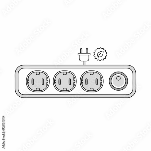 Top-down view of a grey power strip with three outlets and a USB port, against a white background, illustrating simple eco-friendly
