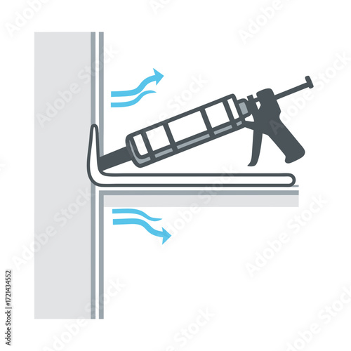 Close-up illustration of a caulking gun applying sealant to a corner joint, showcasing proper technique with airflow indicated,