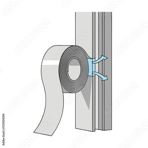 Close-up view of a roll of gray weatherstripping being applied to a window frame, a simple home improvement task shown with a clean,