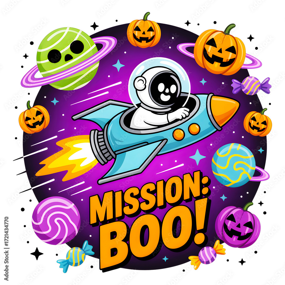 Fototapeta premium Astronaut cat flies rocket past halloween planets and pumpkins isolated on transparent background