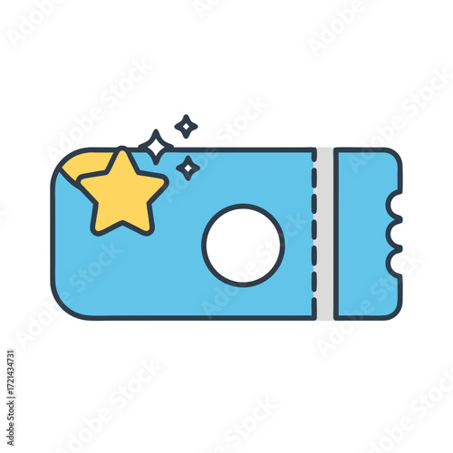 Flat lay image of a light blue VIP ticket with a gold star,  featuring a clean white background and conveying a premium and exclusive