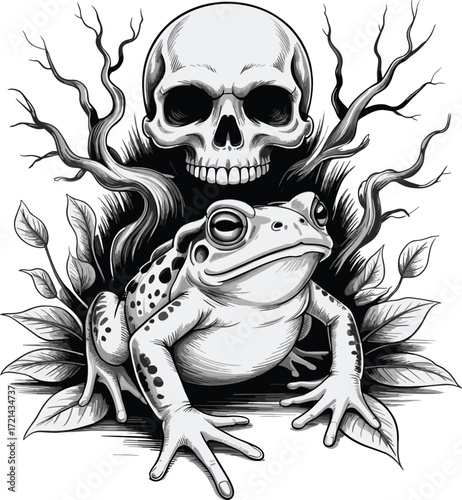 Gothic frog illustration with human skull, dark forest branches, eerie nature contrast, surreal wildlife art, dramatic black and white vector composition