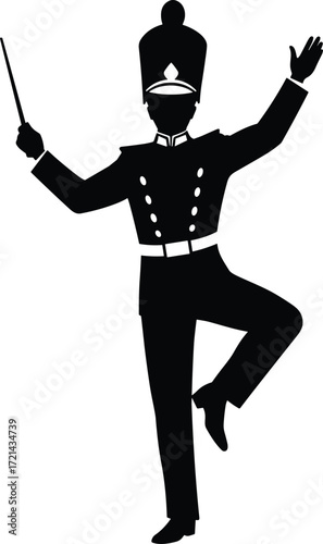 Marching band drum major silhouette, military band leader vector, orchestra conductor design, parade uniform illustration, music performance artwork, ceremonial figure