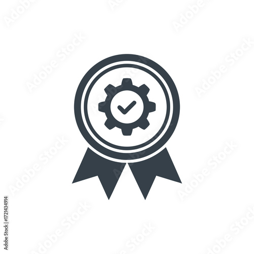 Close-up flat lay of a quality assurance badge with a gear and checkmark, conveying a professional and trustworthy mood against a