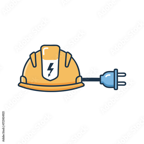 Flat lay illustration of a yellow hard hat with attached electrical plug, conveying a concept of electrical safety, against a clean