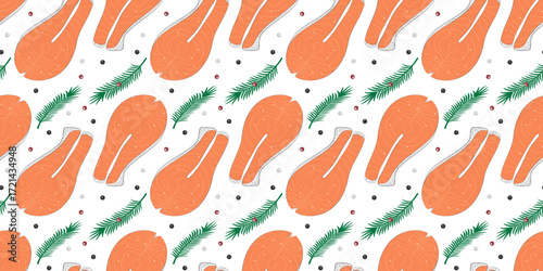 Salmon Steak with Allspices and Rosemary Twigs Seamless Pattern Healthy Eating Fond Banner Format
