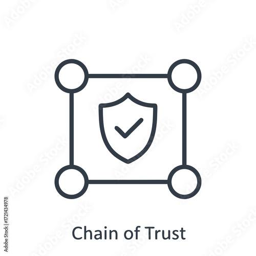 Line art illustration of a chain of trust concept, depicting a shield with a checkmark inside a connected square, simple design,