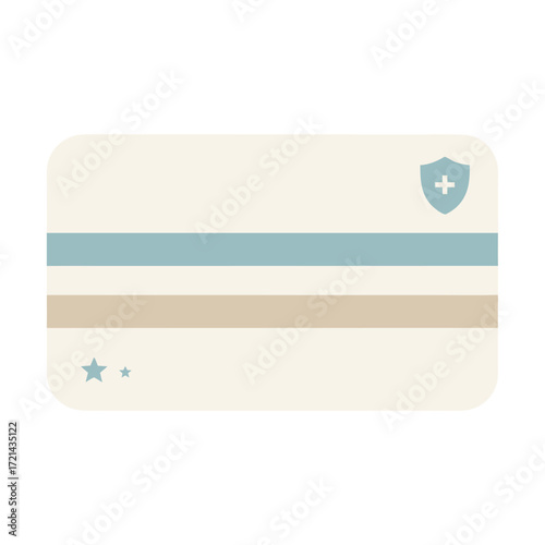 Flat lay of a generic medical insurance card with a minimalist design, featuring pastel blue and beige stripes, a shield icon, and
