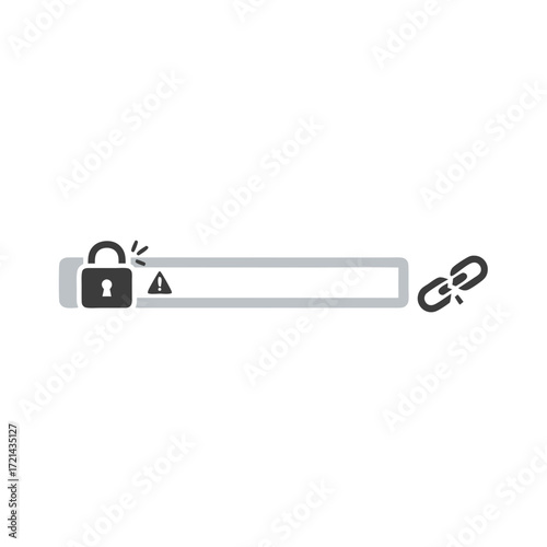 Flat lay image of a broken padlock and chain link icon signifying cybersecurity breach against a white background; conveying a serious