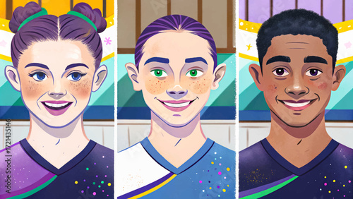 Vector illustration of girl and boy gymnasts performing moves, artistic sports competition, balance, strength, youth athlete style.