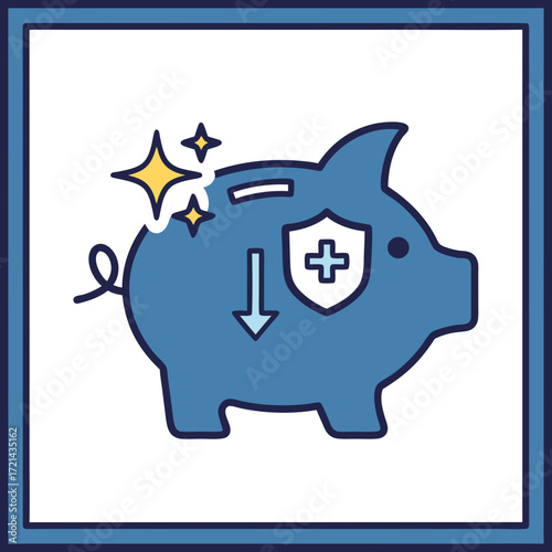 Flat lay illustration of a blue piggy bank with a shield and downward arrow, representing financial security and savings, against a