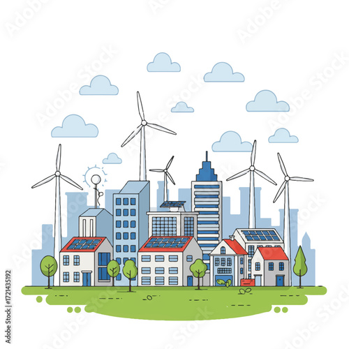 A clean 2D flat vector illustration portrays a modern cityscape, showcasing sustainable renewable energy with wind turbines and rooftop solar panels creating an eco-friendly urban environment.