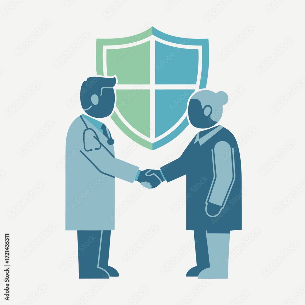 Obraz premium Flat-style illustration of a doctor and senior patient shaking hands, with a large protective shield behind them, conveying security