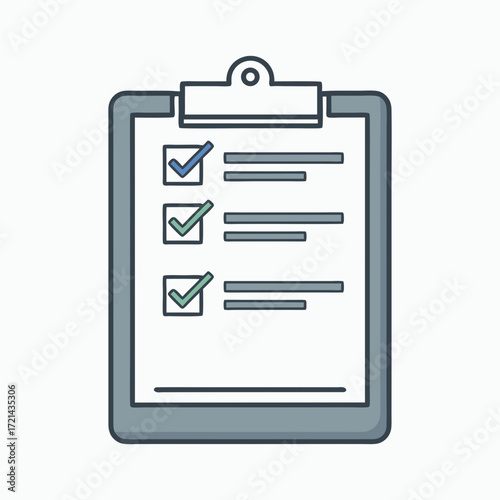 Flat lay image of a checklist on a clipboard, showing completed tasks with green checkmarks, against a white background; conveying
